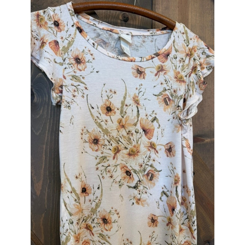 H&M Flutter Sleeve Top Womens XS White Floral Good Viscose Wildflower Tee